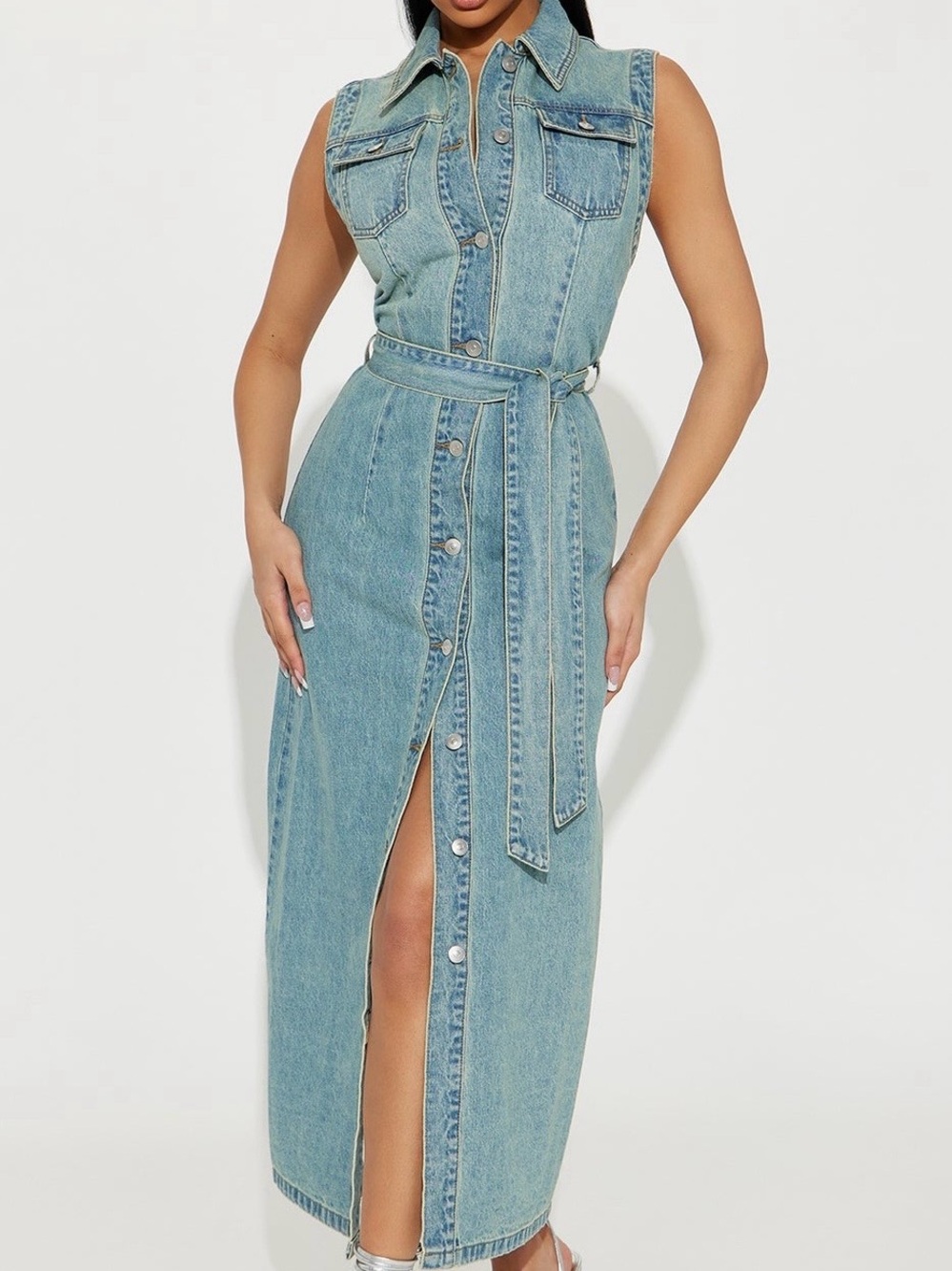 Sleeveless Light Wash Denim Maxi Dress with Belt